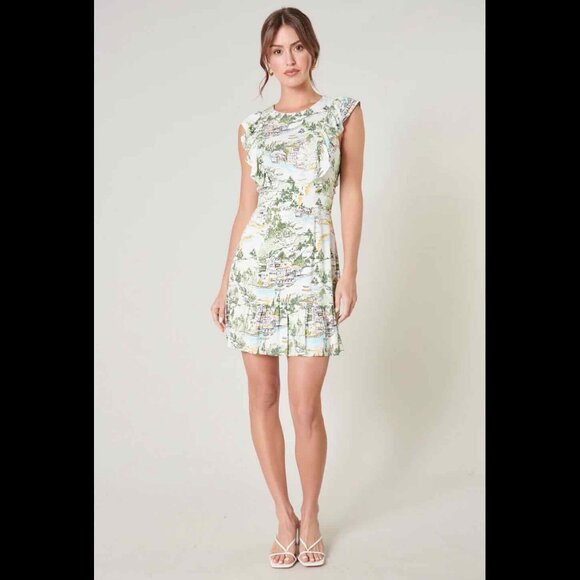 Sugarlips Francine Toile Print Ruffle Mini Dress Multi-Green Anthropologie - Picture 1 of 14